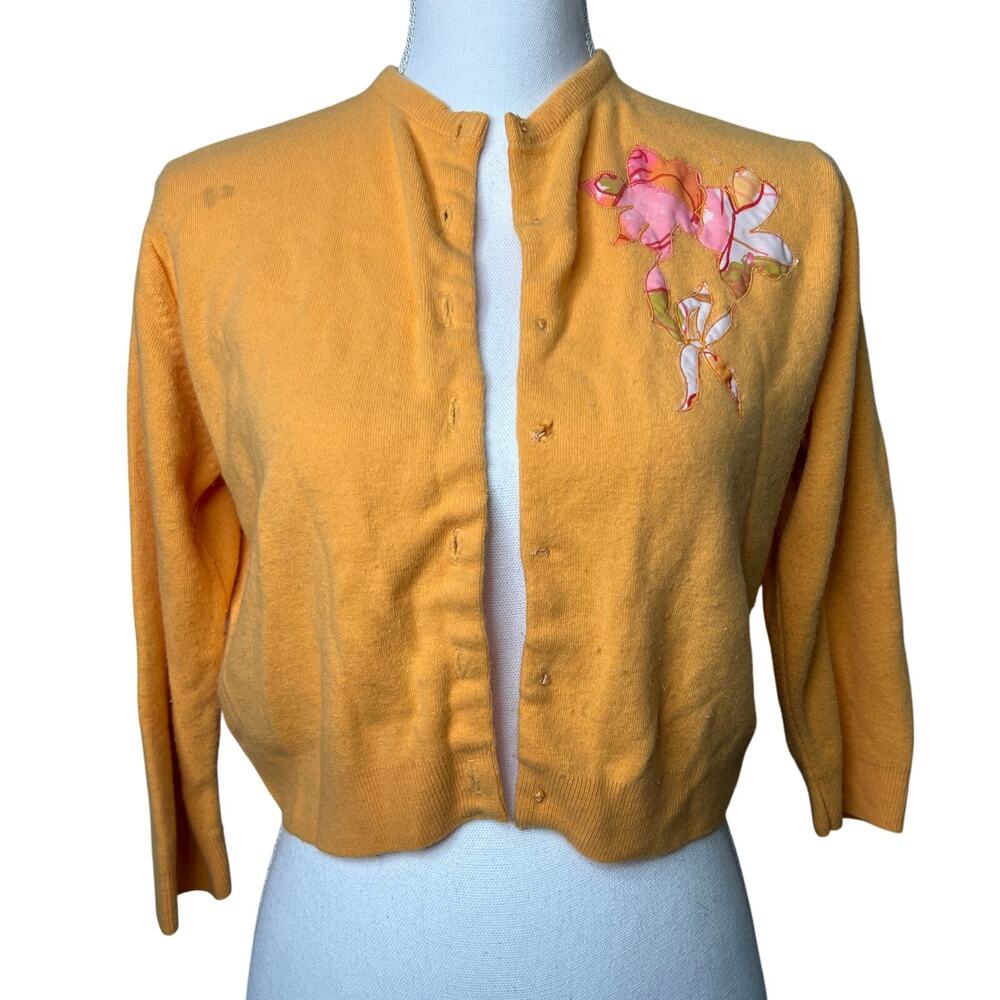 Vintage 60s Size Medium Womens Orange Crop Cardigan Sweater Applique AS IS